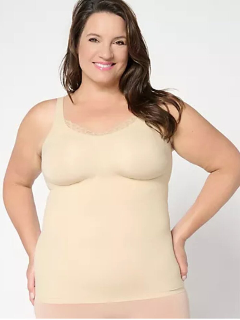 Evelyn & Bobbie Lace Trimmed V-Neck Seamless Bra Cami - Sand - Size L